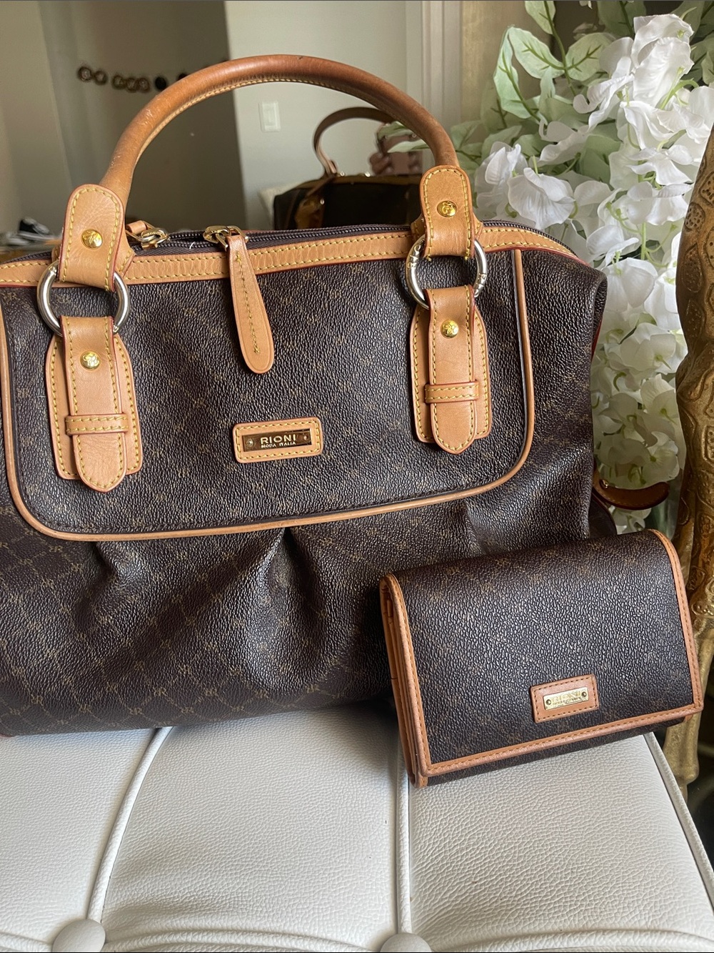 Rioni Dark Brown Monogram Satchel with Tan Trim and Matching Wallet